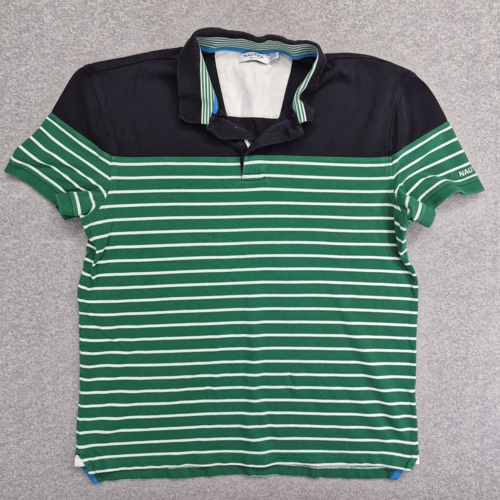 Nautica Shirt Mens 2XL Polo Green White Colorblock Classic Fit Cotton Preppy